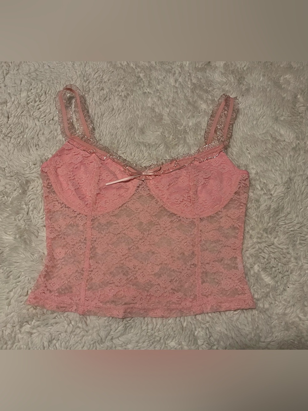 SHEIN Y2K Pink Floral Lace Cami Crop Top Coquette Ruffle Strap Size XS / S